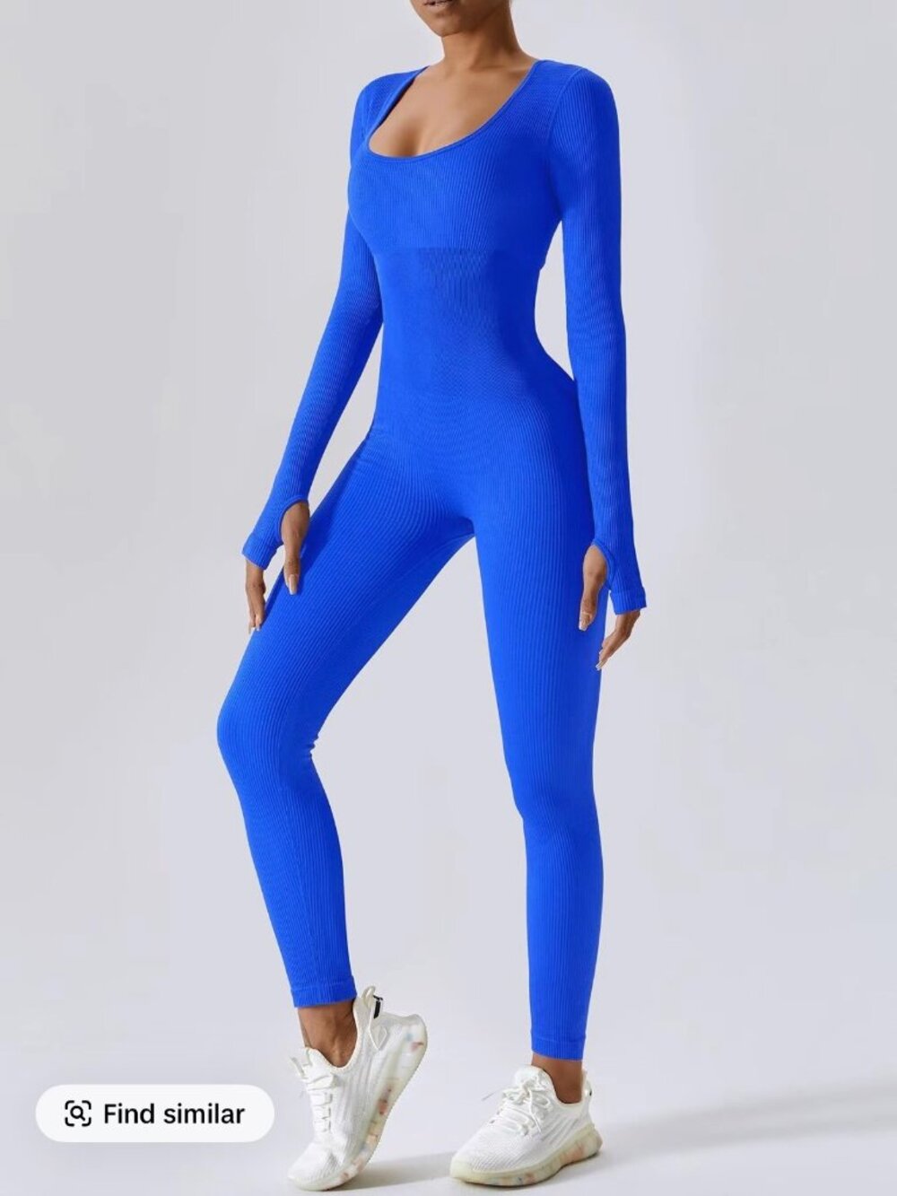 Blue Sporty Clean Girl Solid Ribbed Long Sleeve Tummy Control Jumpsuit Size S